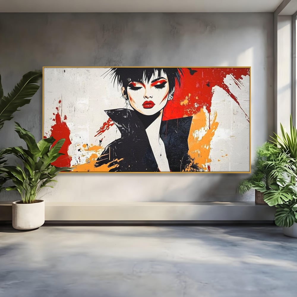 Tablou canvas cu ilustratie digitala cu portret de femeie in stil punk, in rama de aluminiu auriu